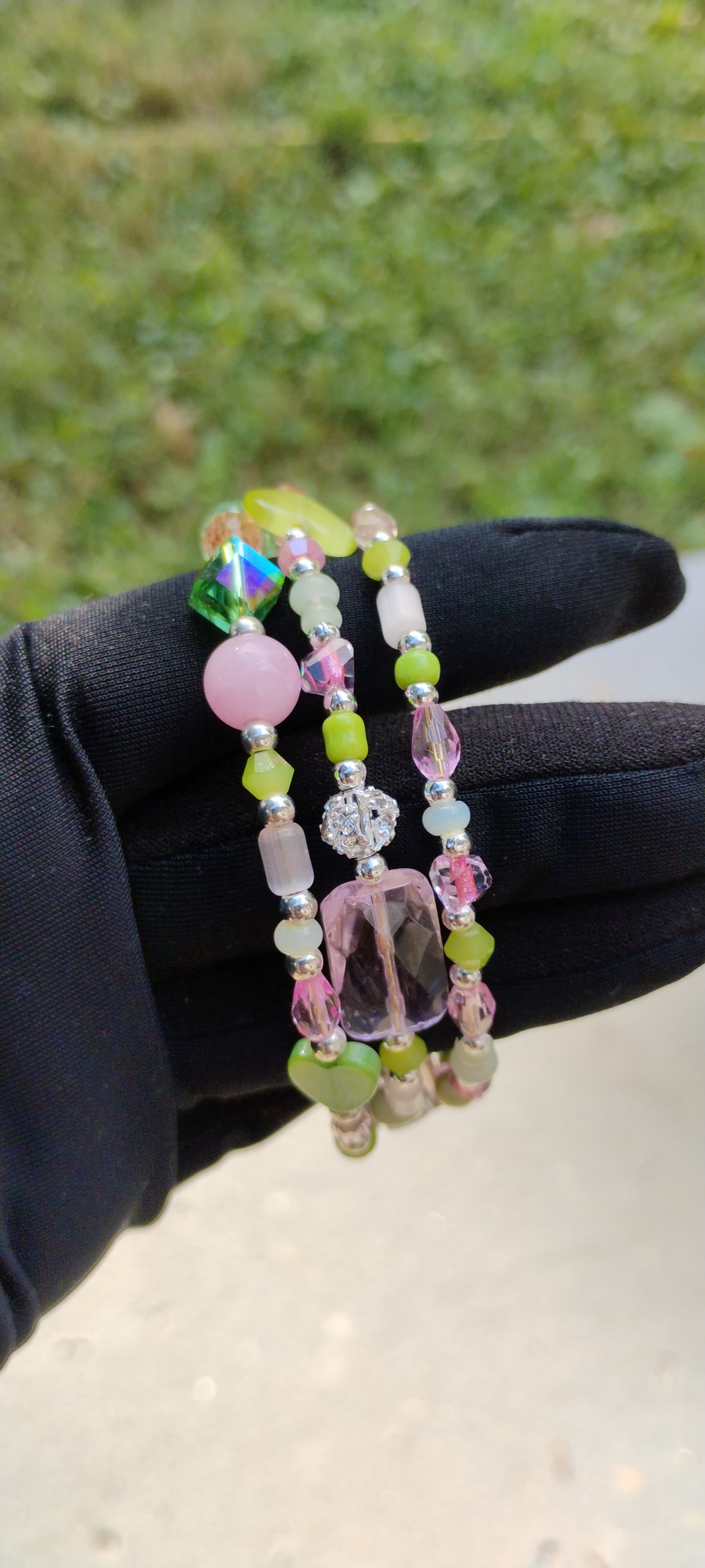 Pretty pink and green wrap around ankle bracelet