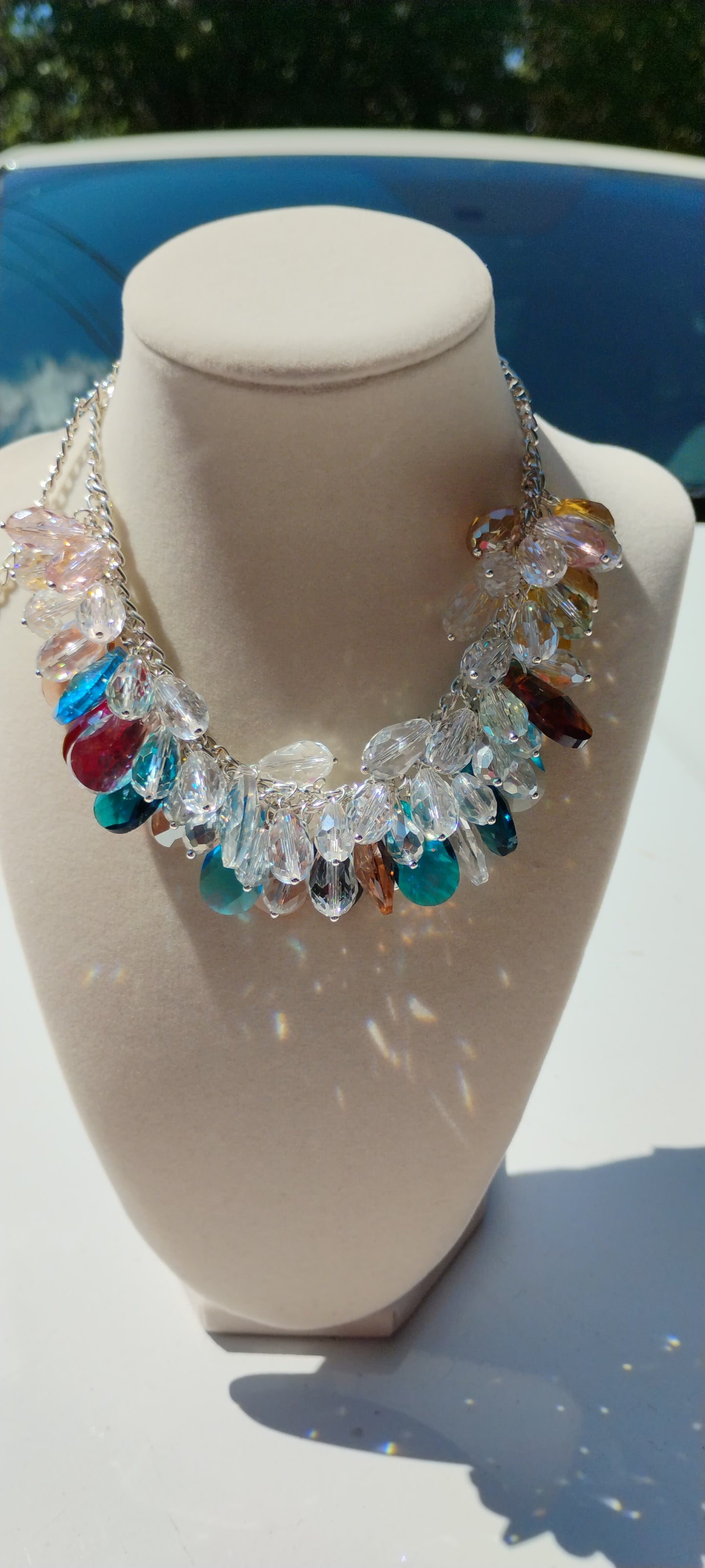 Beautiful multicolored teardrop rhinestone chain necklace