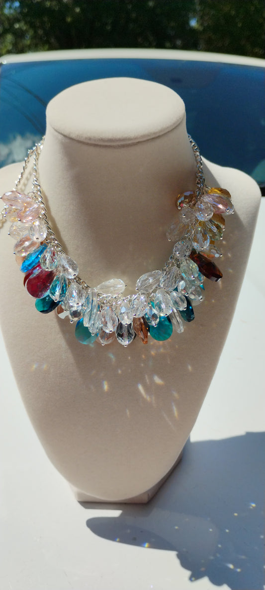 Beautiful multicolored teardrop rhinestone chain necklace